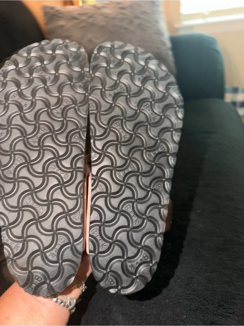 Birkenstock Pink Leather Thong Sandals with Gold Buckles
